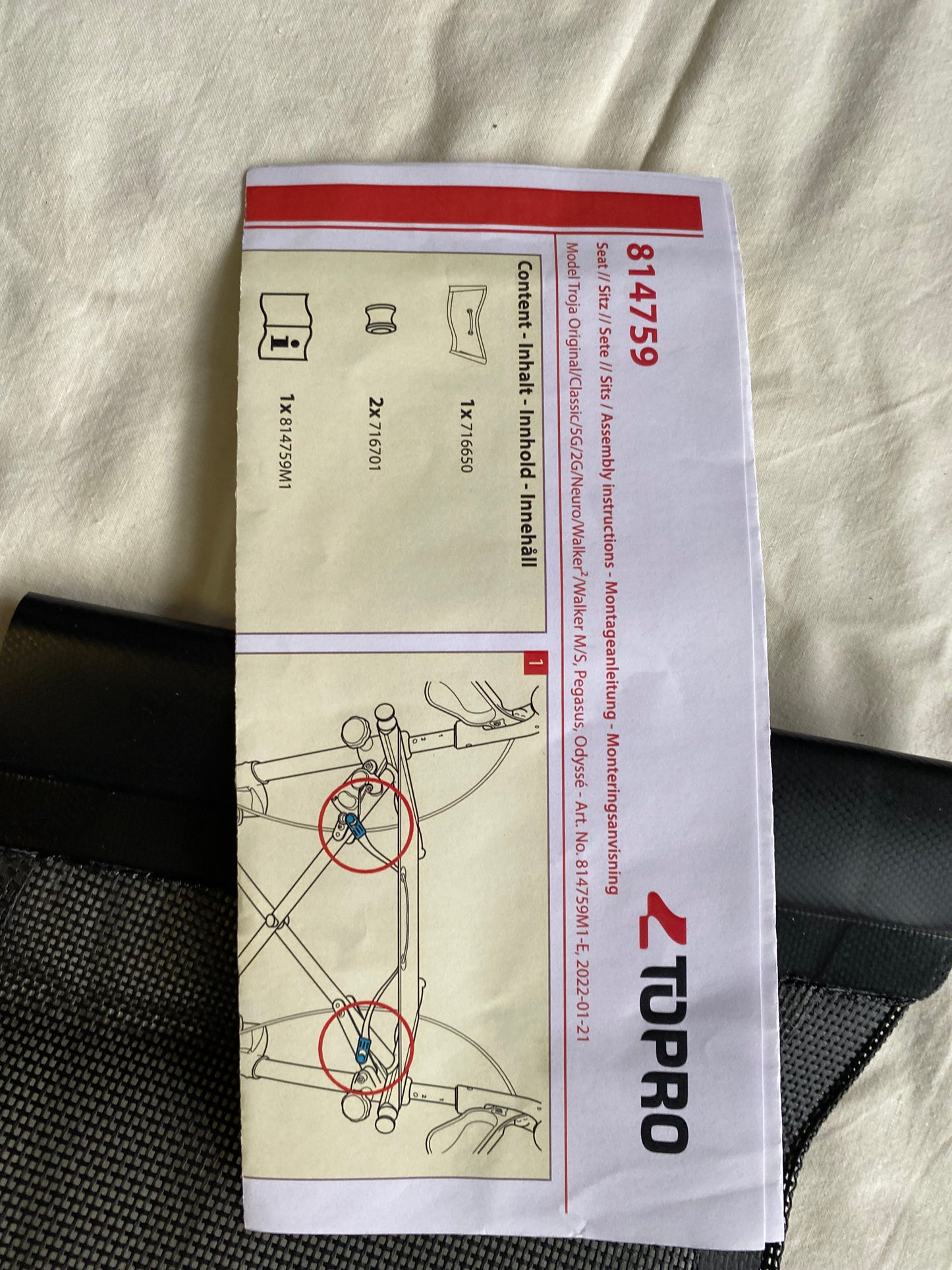 Zubehör Rollator Topro Troja Sitzbespannung neu