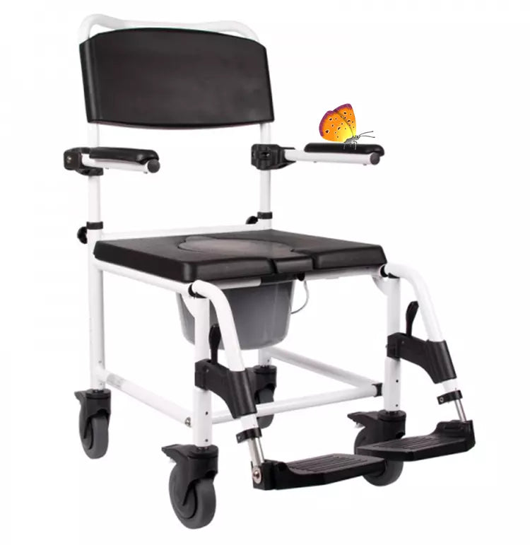 Dusch- und Toilettenrollstuhl Kakadu – fahrbar, bremsbar, klappbare Armlehnen – 5" Rollen