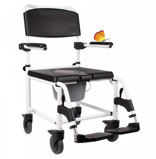 Dusch- und Toilettenrollstuhl Kakadu – fahrbar, bremsbar, klappbare Armlehnen – 5" Rollen