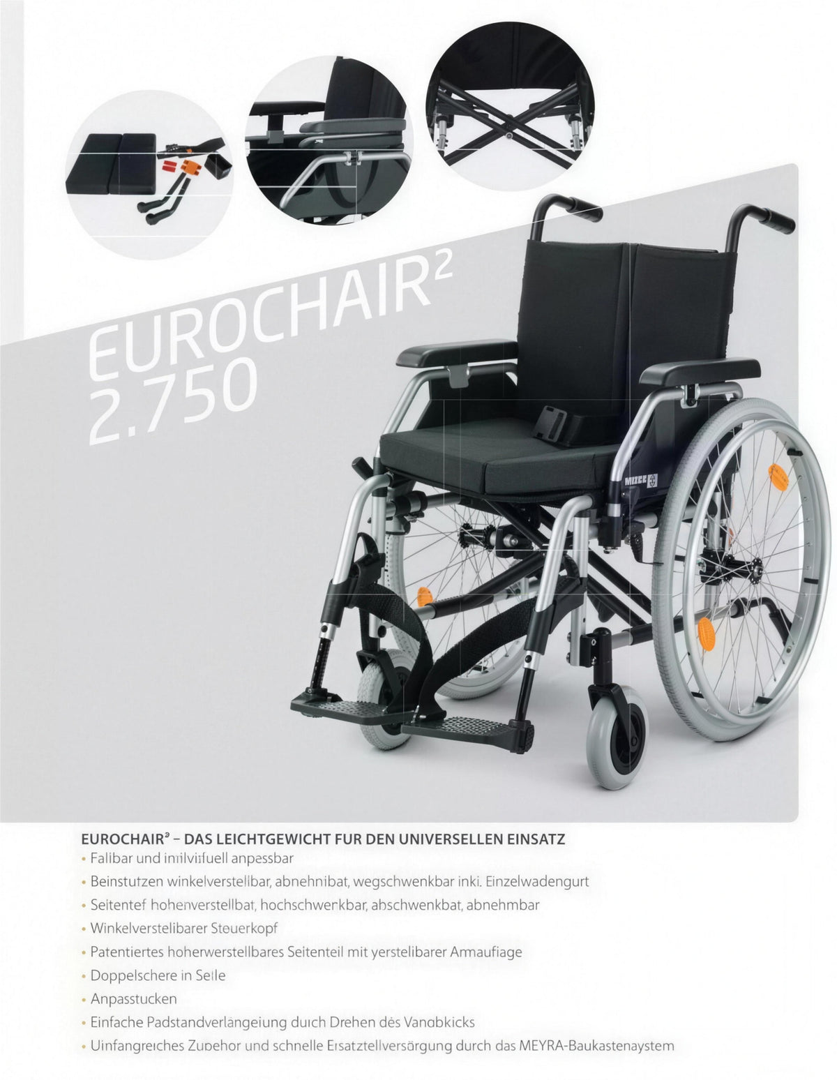 Eurochair 2.750 Meyra Rollstuhl mit Bremse für Begleiter, Kissen, Gurt und Stützrollen